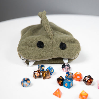 Cute green fish monster plush dice bag — creature themed dice bag handmade, with zipper closure.