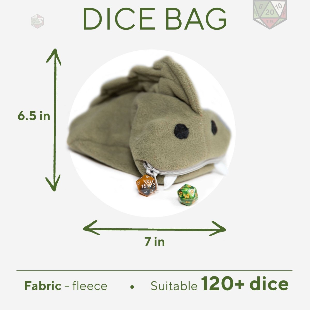 Cute green fish monster plush dice bag — handmade plush dice bag, a one-of-a-kind creature dice bag.