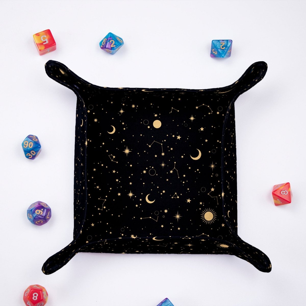 Galaxy dice tray — portable dice tray with snap-button corners, quiet rolls.