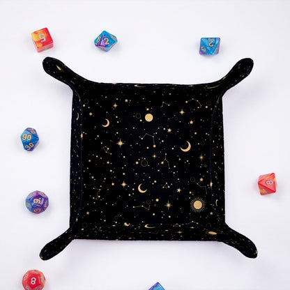 Galaxy dice tray — portable dice tray with snap-button corners, quiet rolls.