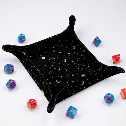 Galaxy cosmic dice tray — handmade folding dice tray for dnd, compact 5.5-inch rolling surface.