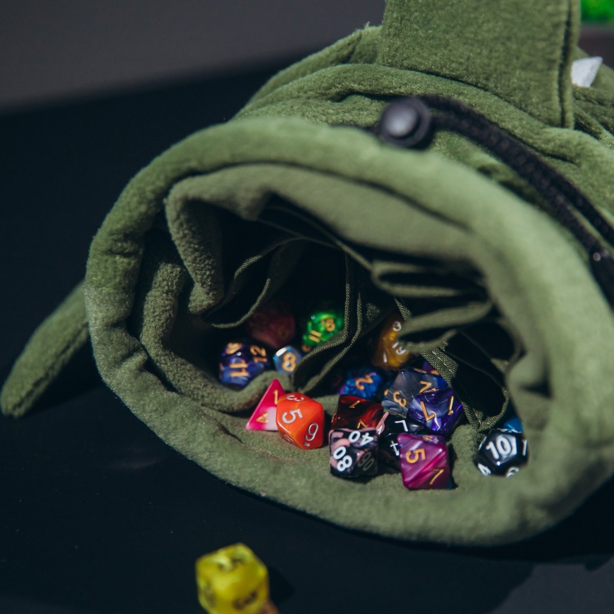Goblin plush dice bag for DnD players — fleece ork pouch with crossbody strap.
