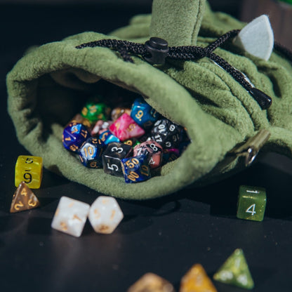 Goblin dice bag — soft fleece pouch handmade for tabletop RPG players.