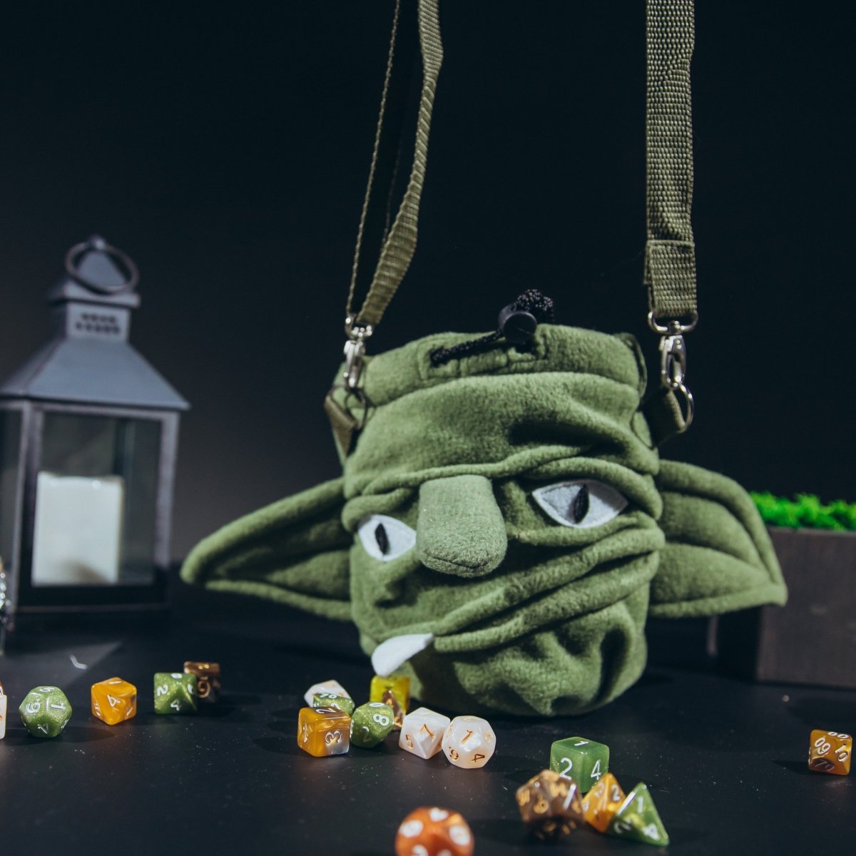 Goblin (ork) plush dice bag — nerdy DnD gift for him, holds 120+ dice.