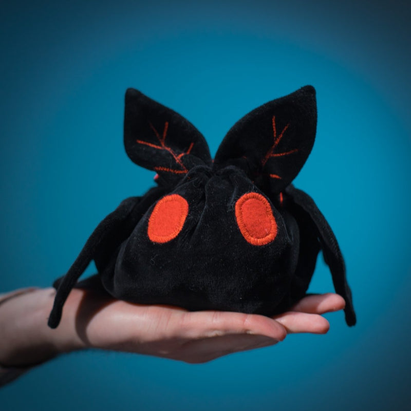 Handmade embroidered velvet Mothman dice bag — cryptid DnD gift personalized in our Cherkasy, Ukraine studio.