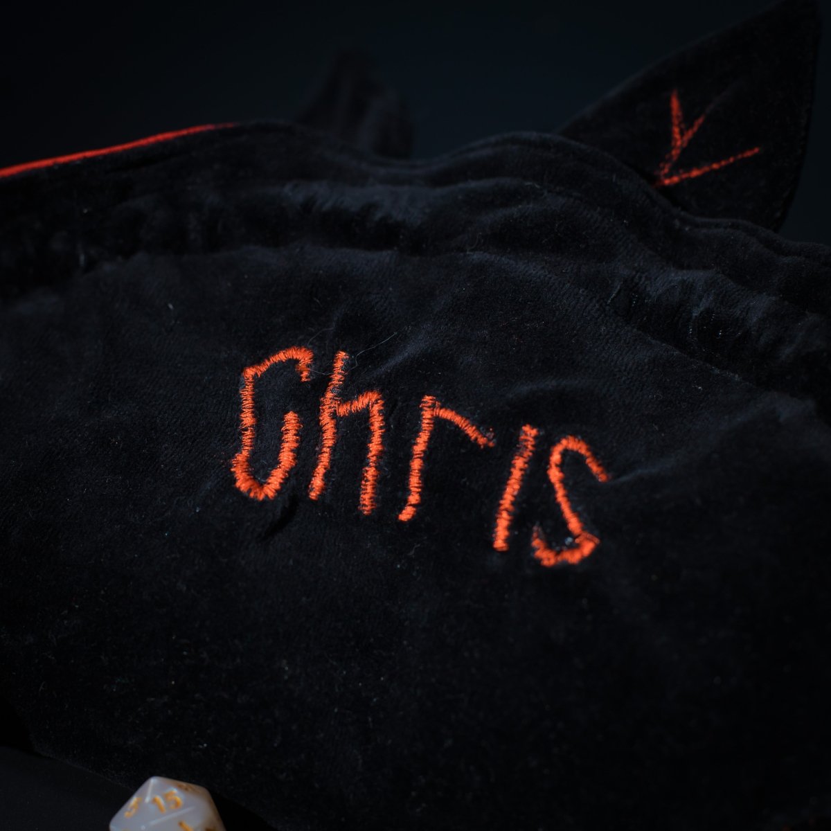 Velvet Mothman cryptid dice bag with pockets — dark personalised DnD organizer.