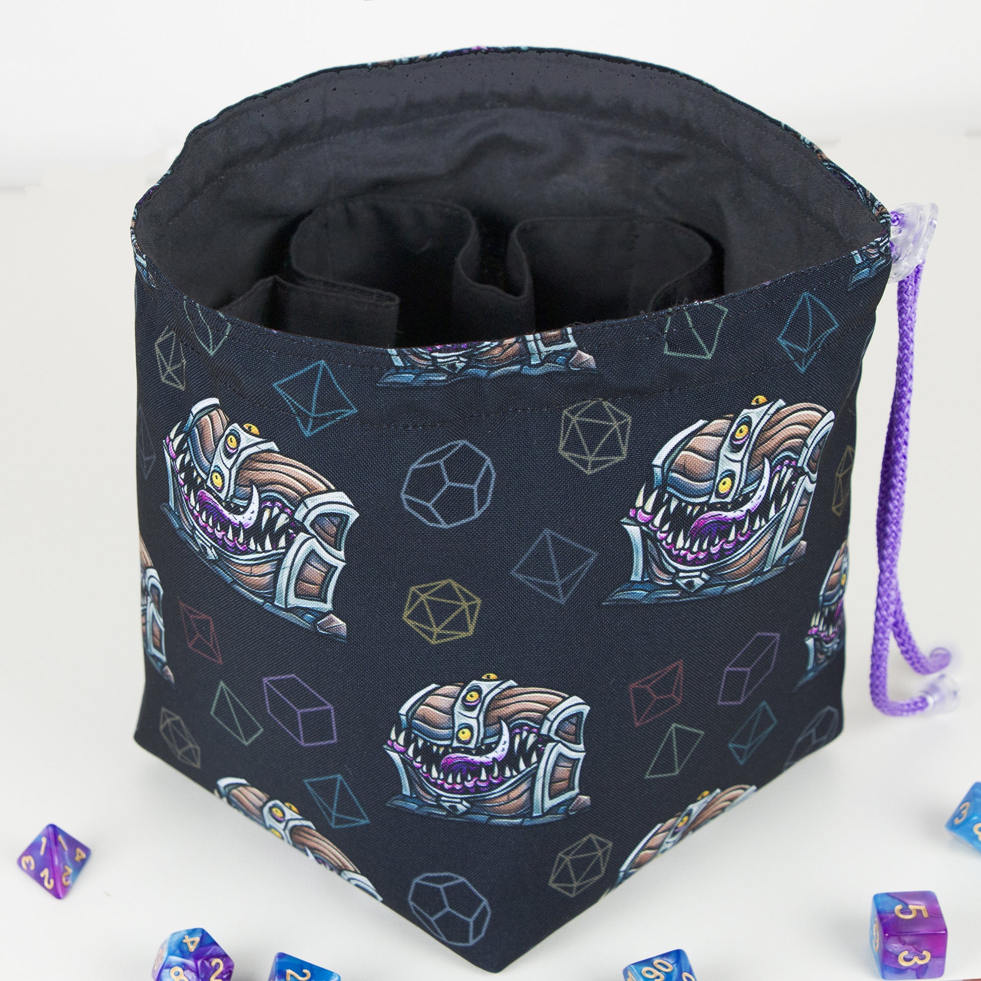 dnd mimic dice bag open with dice inside