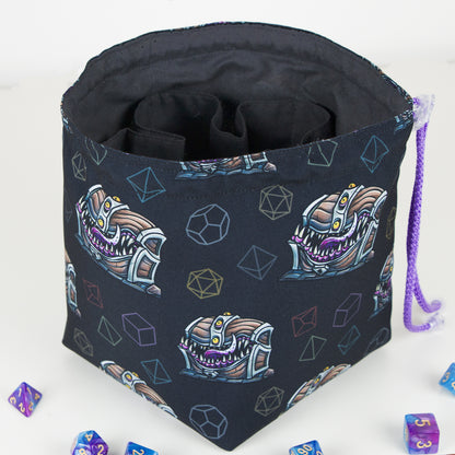 dnd mimic dice bag open with dice inside