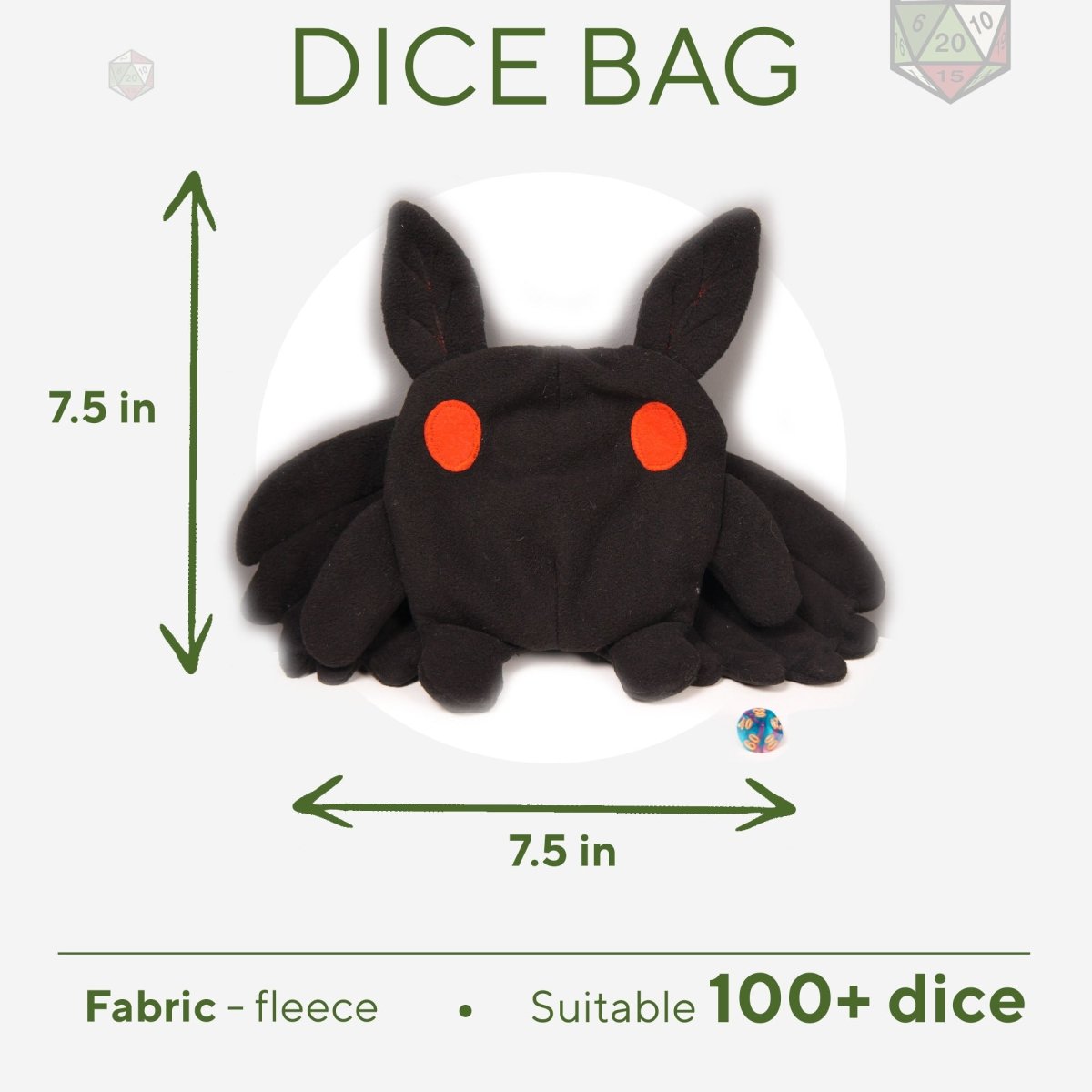 Mothman plush dice bag size chart — 7.5 x 7.5 in, holds 100+ dice