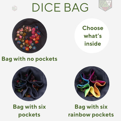 Pockets in a gabardine dice bag — 6-pocket interior for sorting dice by monster or encounter.