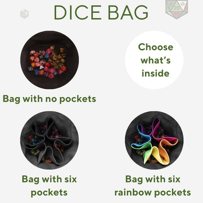 Pockets in a gabardine dice bag — black 6-pocket interior for sorting dice sets.