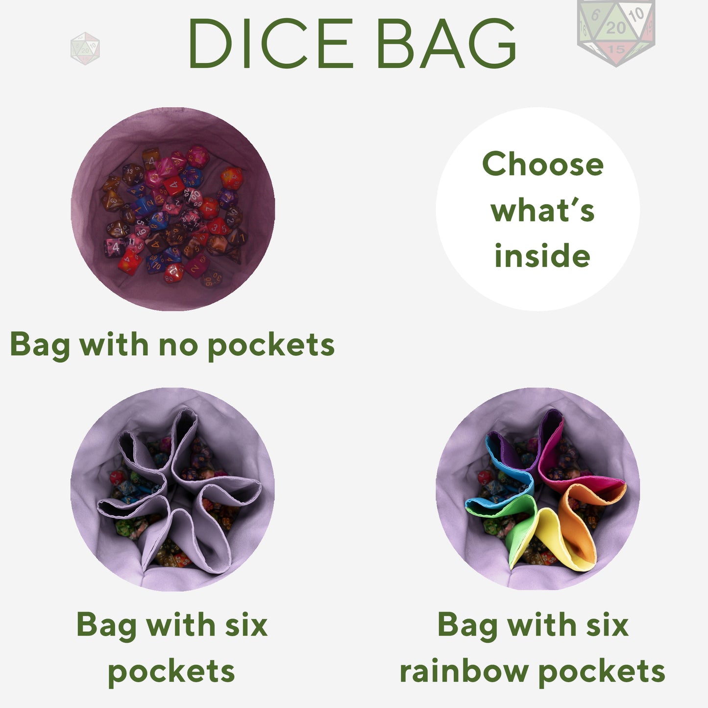 Pockets in a gabardine dice bag — 6-pocket interior for sorting dice sets.