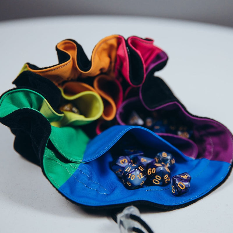 Handmade rainbow 6-pocket velvet dice bag — high-capacity DM organizer for sorting multiple dice sets.