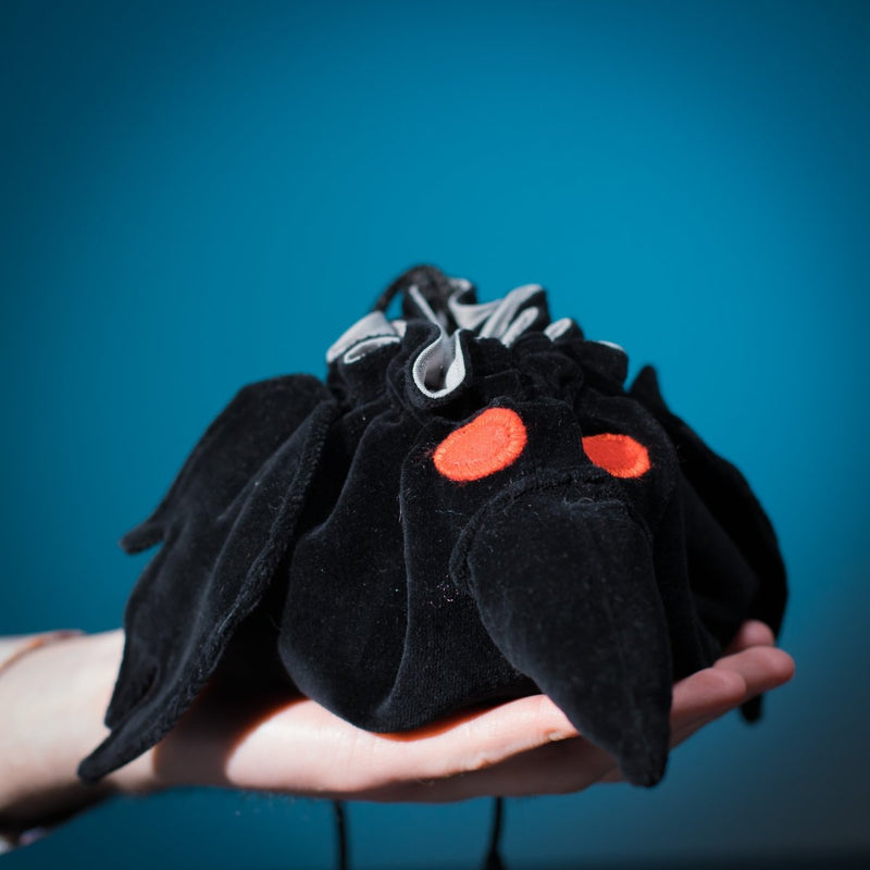 Handmade velvet raven dice bag — witchy and dark academia design for DnD players with aesthetic builds.