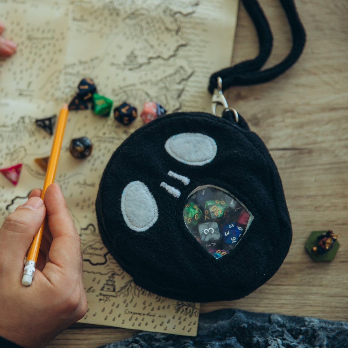 Gothic skull ita bag — handmade skull ita bag, clear-window display pouch holding 30+ dice.