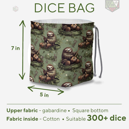 Cozy sloth dice bag — multi pocket dice bag that sorts dice by character or campaign.