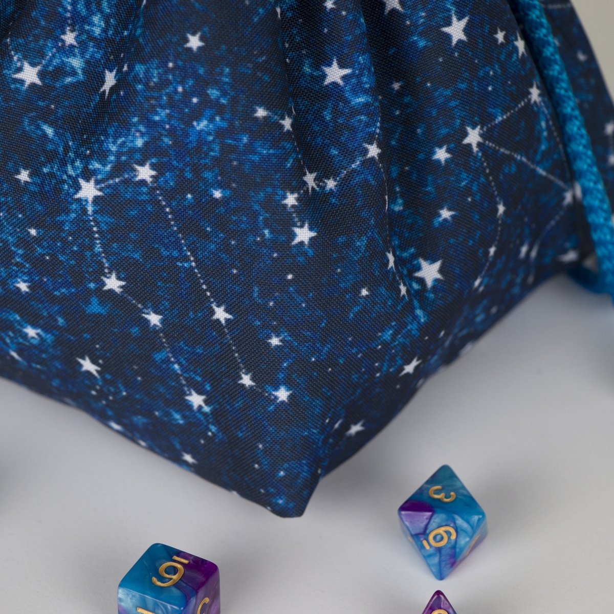 Star constellation dice bag and tray set — dice bag with pockets and a matching collapsible tray, handmade in our studio.