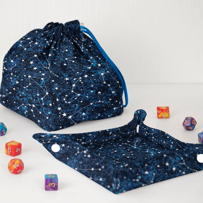 Star constellation celestial dice bag and tray set — handmade matching DnD gift set with 6-pocket bag and fold-flat tray.