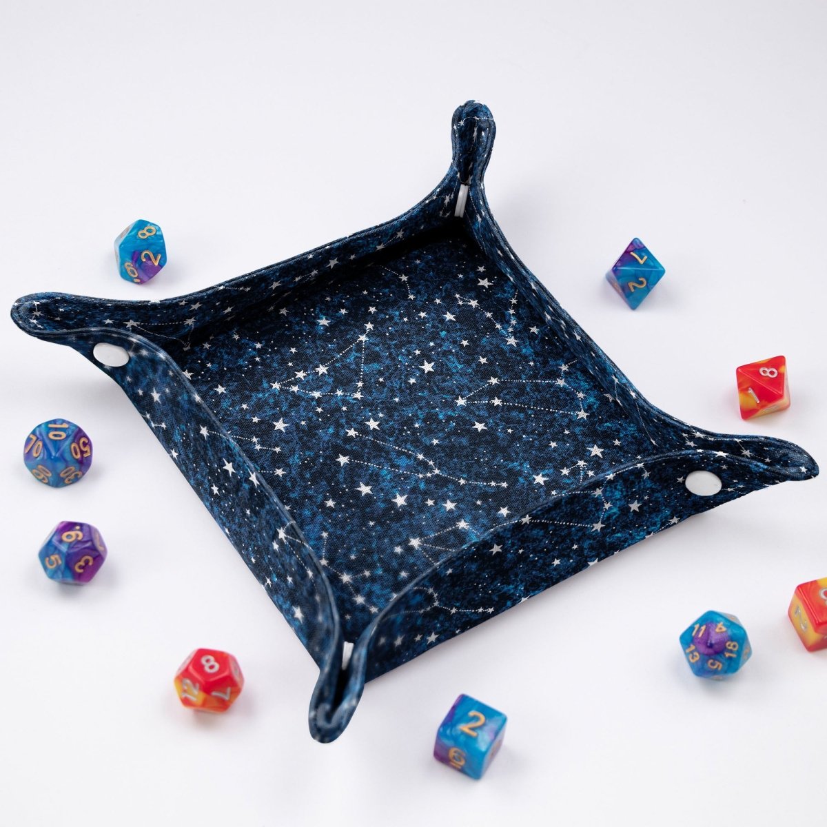Star constellation dice bag and tray set — matching dice bag and tray gift set for DnD players.