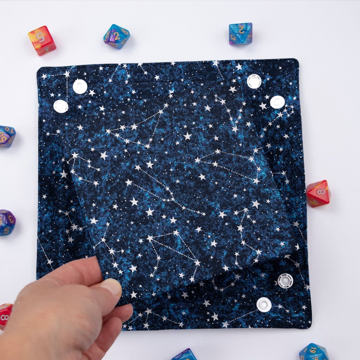 Star constellation dice bag and tray set — matching dice bag and tray gift set for DnD players.
