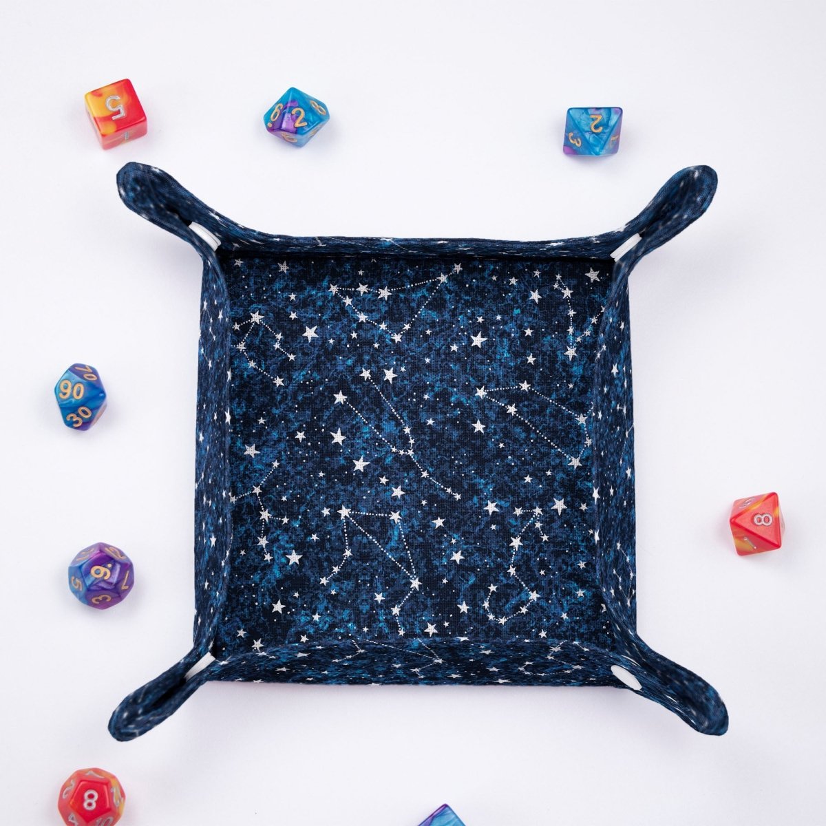 Star constellation dice bag and tray set — 300+ dice bag plus a compact rolling tray, gabardine, for tabletop RPG.