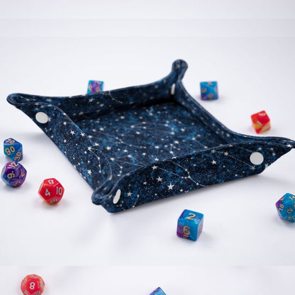 Star constellation dice bag and tray set — handmade 6-pocket dice bag with a coordinating fold-flat rolling tray.