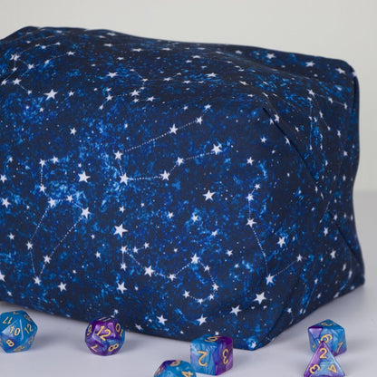 Star constellation dice bag and tray set — 300+ dice bag plus a compact rolling tray, gabardine, for tabletop RPG.