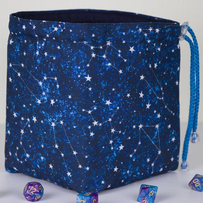Star constellation dice bag and tray set — handmade 6-pocket dice bag with a coordinating fold-flat rolling tray.